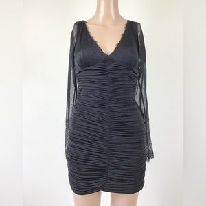 Bebe Ruched Back Lace Mesh Black Dress Size XS